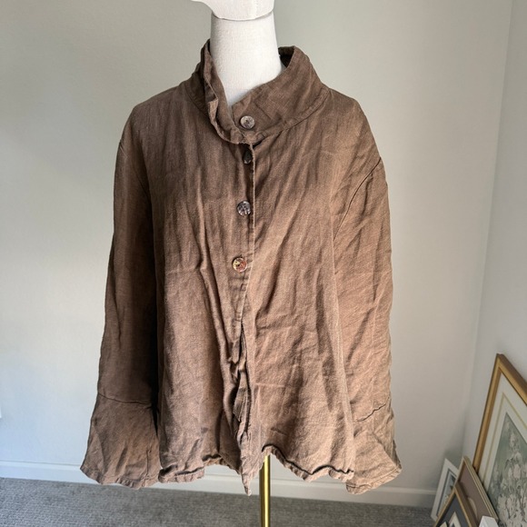 Bryn Walker Linen Button Down Jacket Unique Collar Oversized Brown Top - Picture 1 of 11